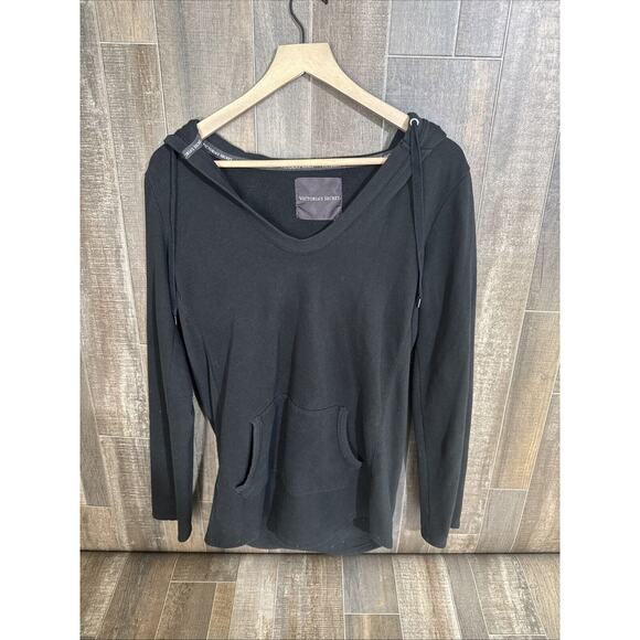 Victoria Secret Solid Black Hoodie Top Size Medium - Picture 1 of 9